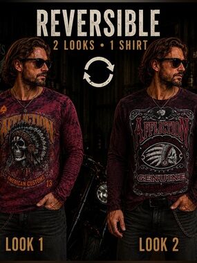Affliction Men’s XL Reversible Thermal Shirt Skull Eagle Graphic Burgundy